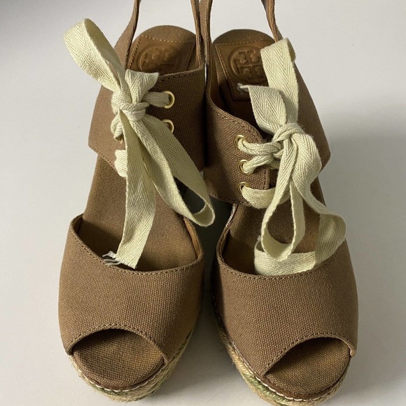 Tory Burch Linley Espadrille Wedge Sandal Platform Lace Up Brown Canvas … - Picture 4 of 8
